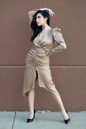 Victoria L/S Satin Midi Dress Lt.Mocha