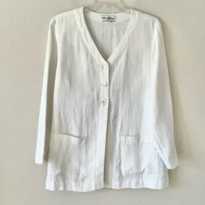 VINTAGE 100% Linen Blazer Longline White 1X V-neck Lagenlook Coastal Vacation