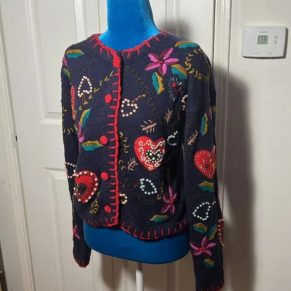 Vintage Designers Originals Heart Embellished Cardigan Sweater Small