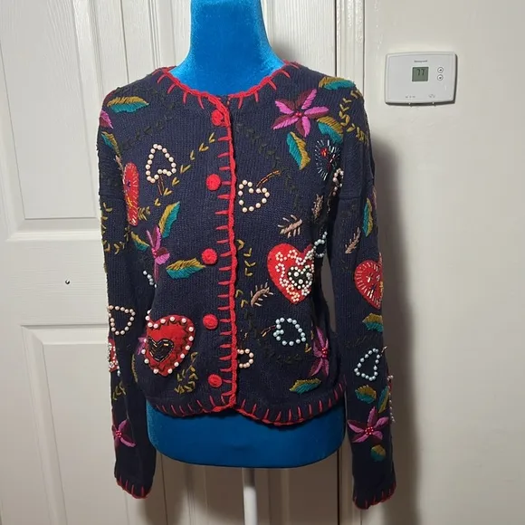 Vintage Designers Originals Heart Embellished Cardigan Sweater Small