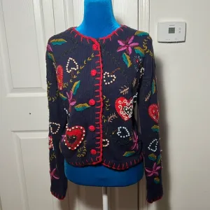 Vintage Designers Originals Heart Embellished Cardigan Sweater Small