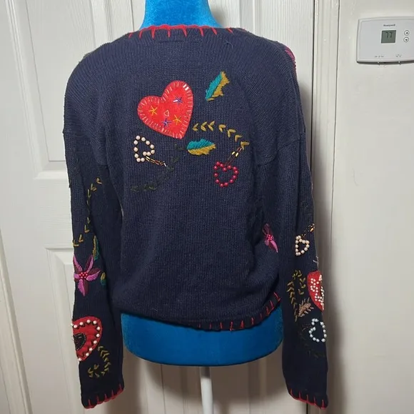 Vintage Designers Originals Heart Embellished Cardigan Sweater Small