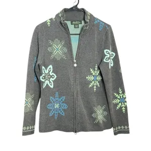 VINTAGE Eddie Bauer Women Sweater Med Gray Cardigan Snow Flakes Full Zip 90s