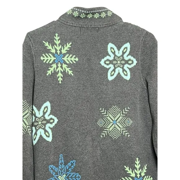 VINTAGE Eddie Bauer Women Sweater Med Gray Cardigan Snow Flakes Full Zip 90s