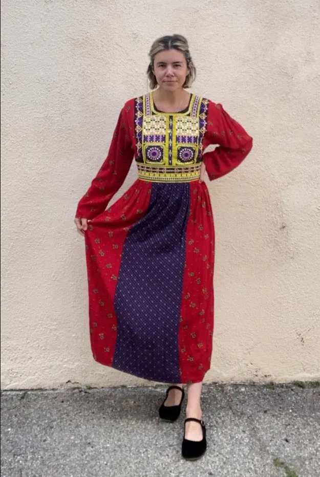 Vintage Embroidered Afghani Mixed Print Midi Dress