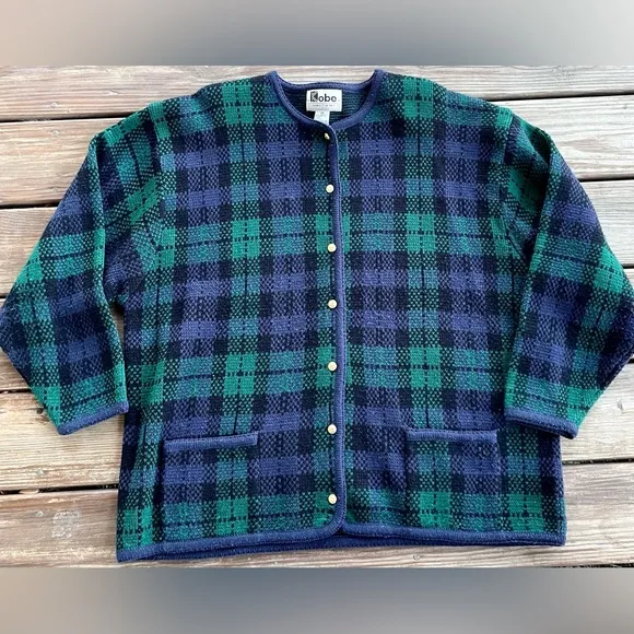 Vintage Kobe Blackwatch‎ Plaid Knit Cardigan Sweater Womens Size 2X