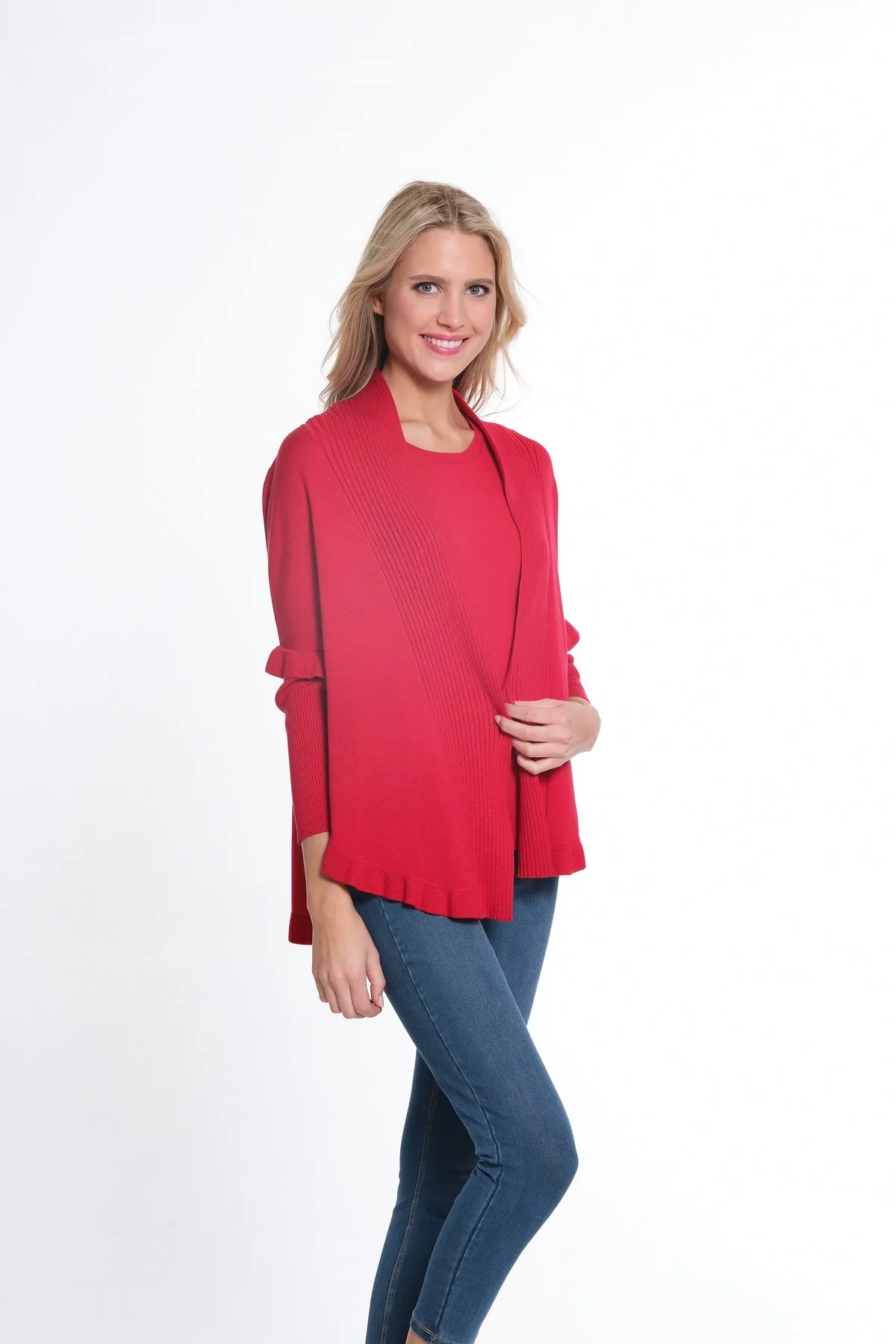 Vivent Red Ruffle Hem Shawl Collar Sweater Cardigan