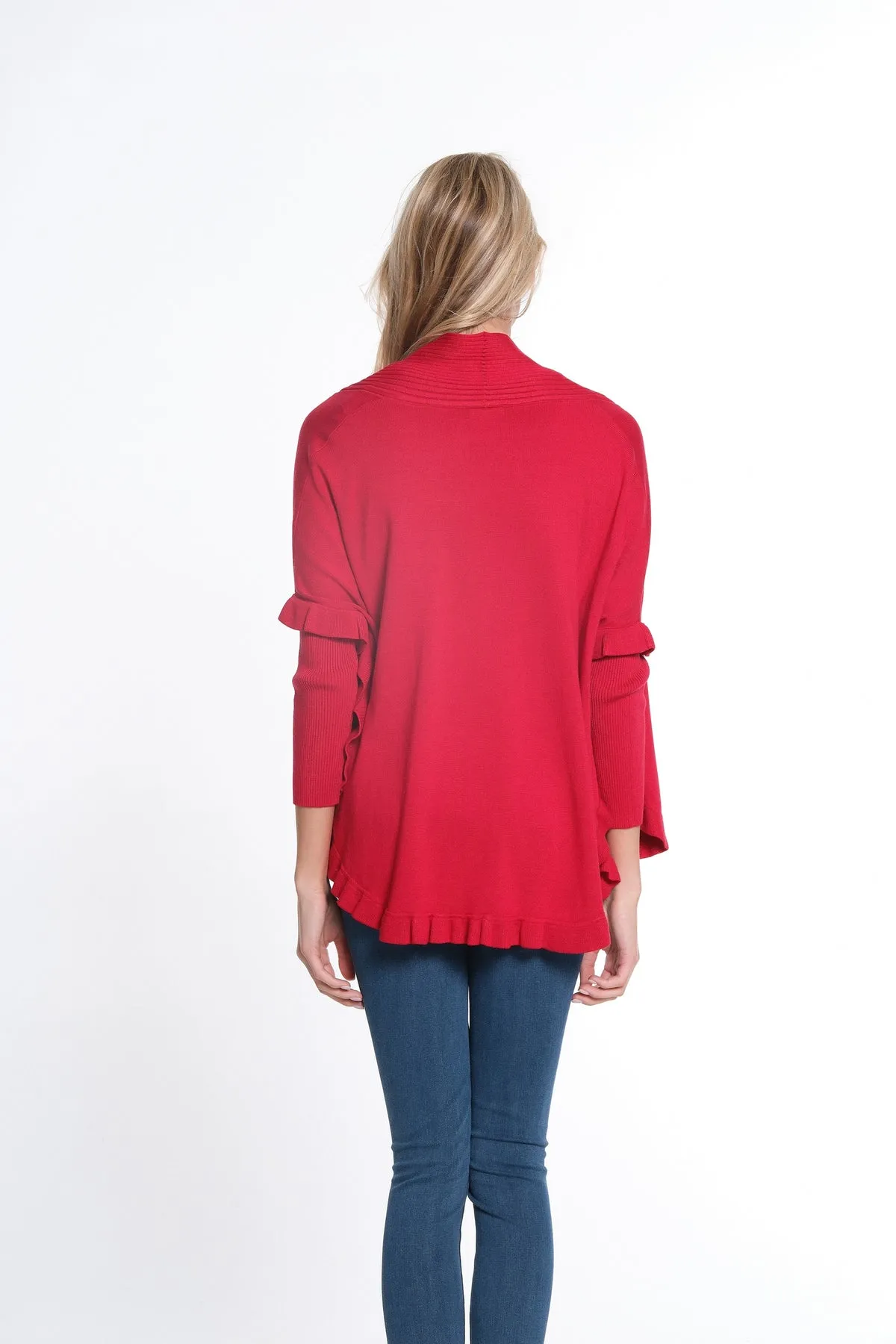 Vivent Red Ruffle Hem Shawl Collar Sweater Cardigan