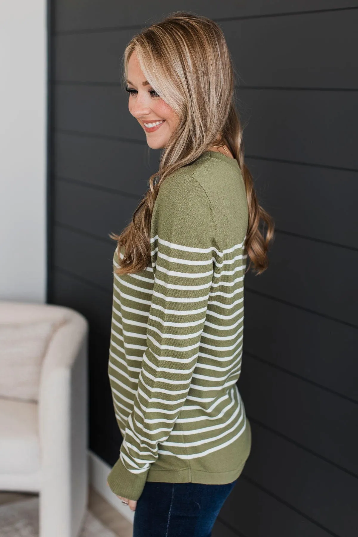 Voice My Love Striped Lightweight Sweater- Light Olive