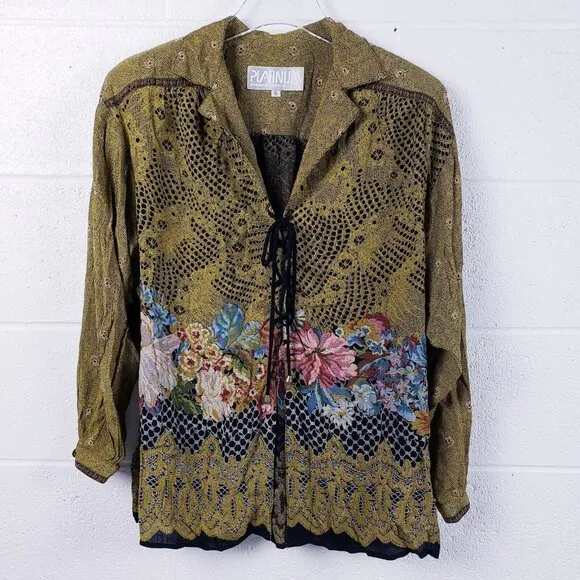 VTG 80s Platinum Dorothy Schoelen Lace Up Cardigan Sweater Art To Wear Floral SM