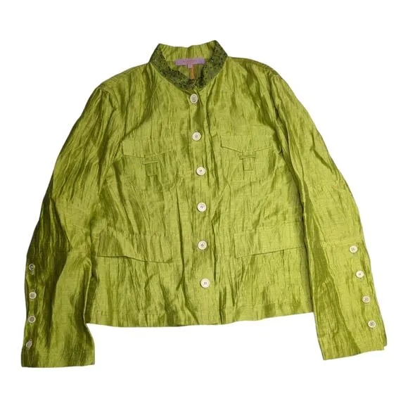 Vtg Y2K Kuhlman Lime Green Linen Blend Mandarin Collar Jacket IT 48 US 12 L