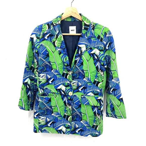 WHIT silk linen tropical molly print blazer jacket funky quirky green bright S