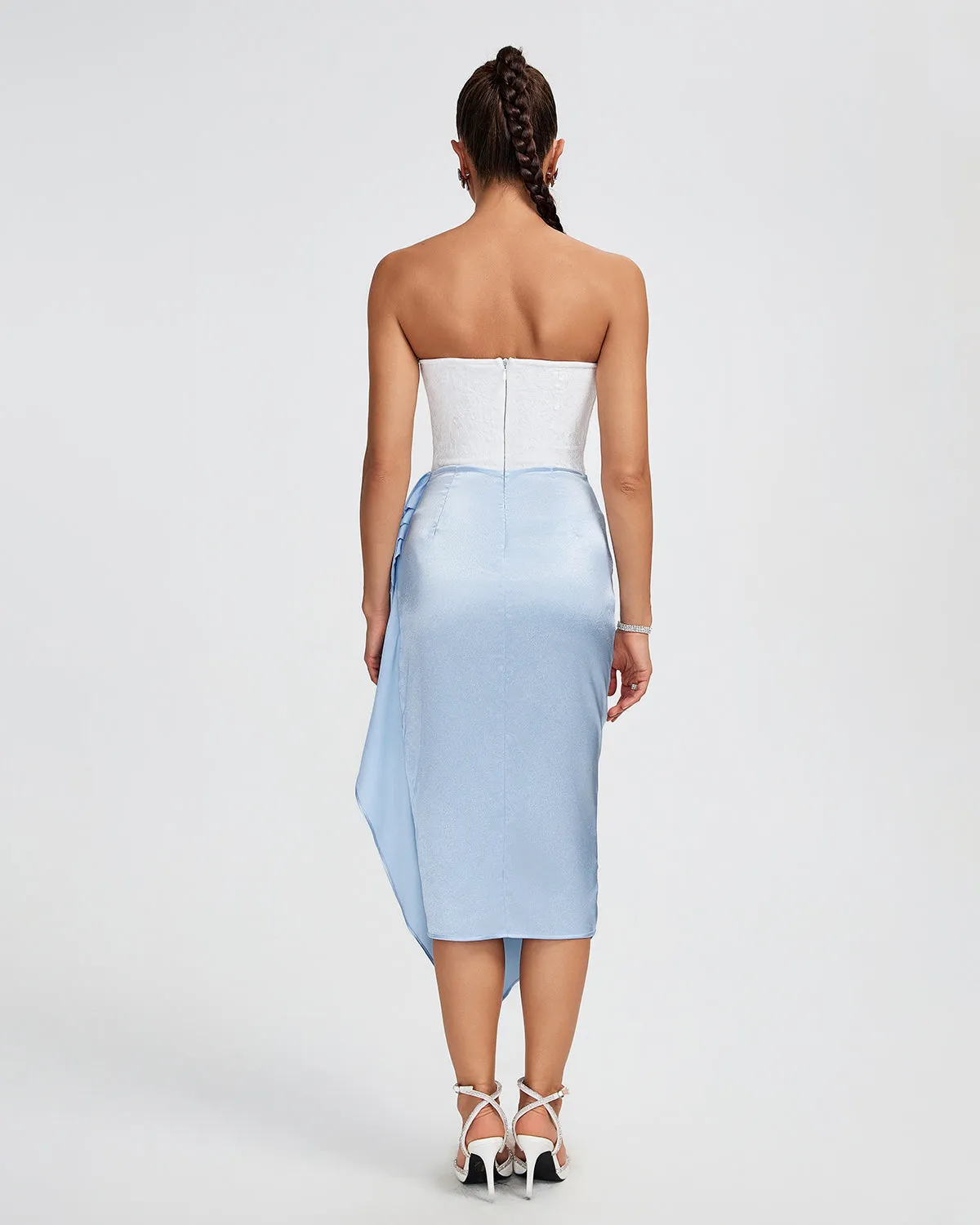 White Lace Bustier Midi Draped Dress