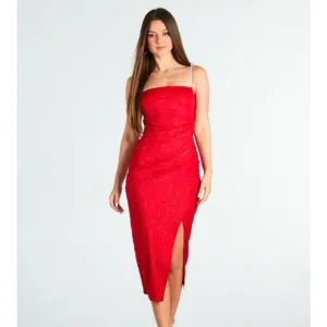 Windsor Red Glitter Rhinestone Strap Midi Dress