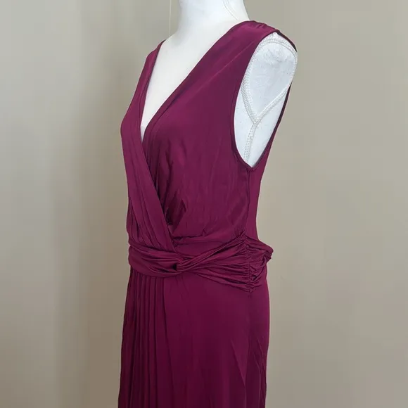 Wine Red-Purple V-Neck Sleeveless Dress with Faux-Wrap Torso