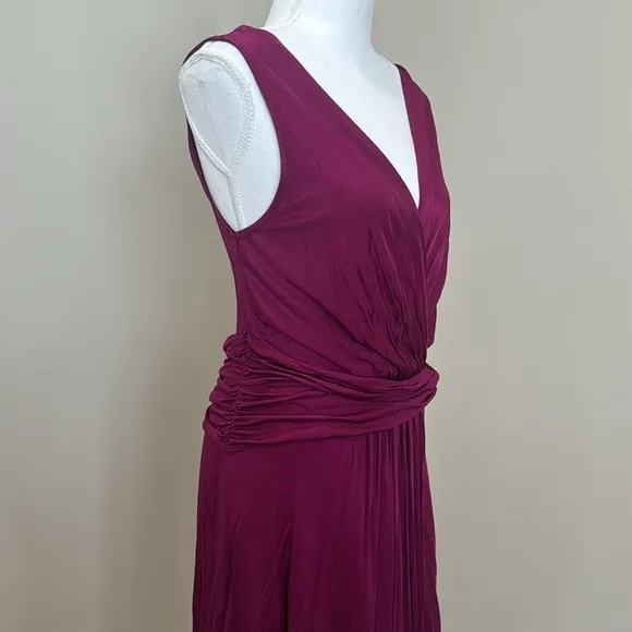 Wine Red-Purple V-Neck Sleeveless Dress with Faux-Wrap Torso