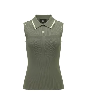 Women Sleeveless Collard Sweater - Khaki