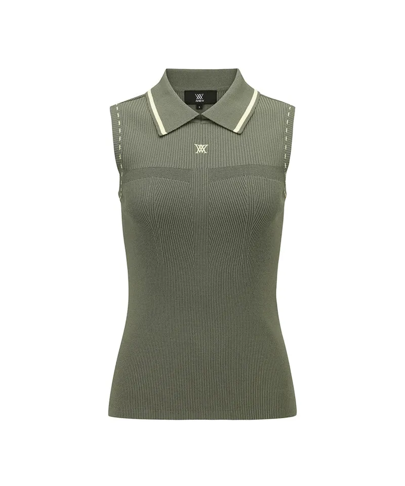 Women Sleeveless Collard Sweater - Khaki