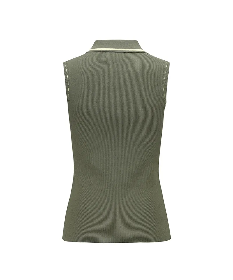 Women Sleeveless Collard Sweater - Khaki