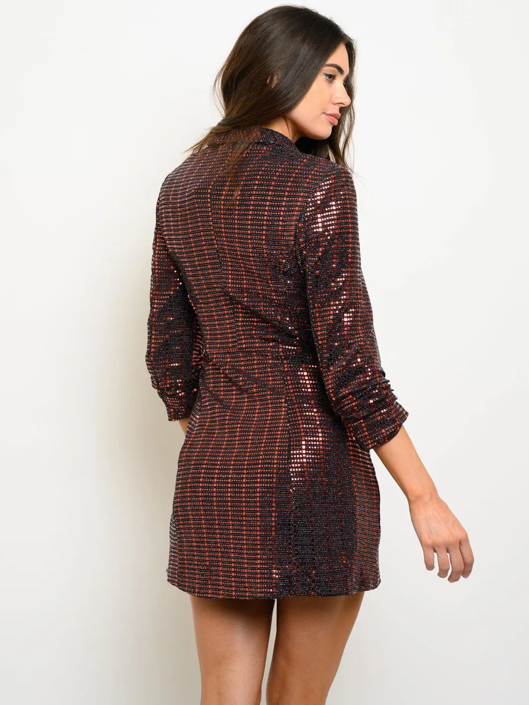 WOMEN'S 3/4 SLEEVES SEQUINS WRAP MINI DRESS