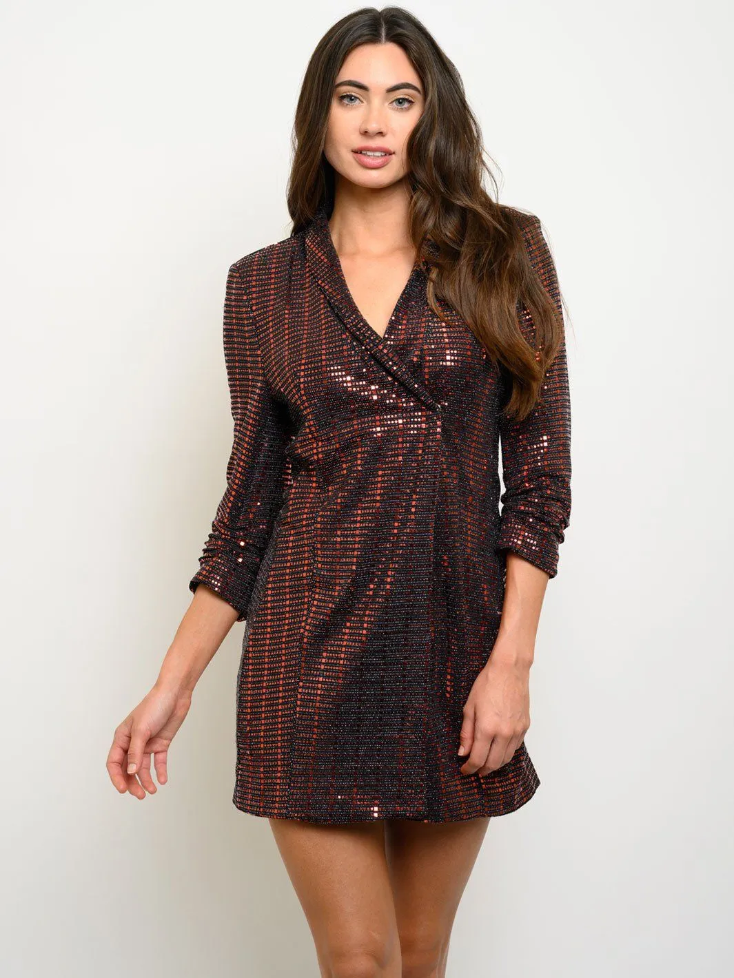 WOMEN'S 3/4 SLEEVES SEQUINS WRAP MINI DRESS