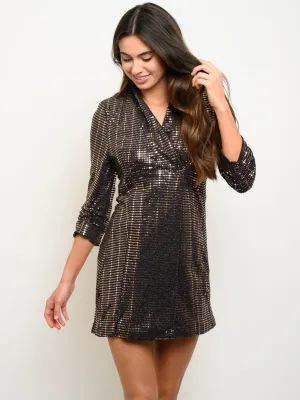 WOMEN'S 3/4 SLEEVES SEQUINS WRAP MINI DRESS