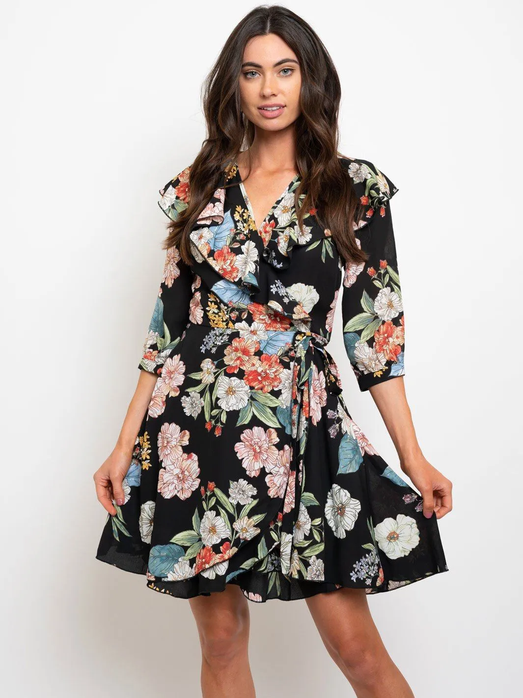 WOMEN'S 3/4" SLEEVES FLORAL WRAP MINI DRESS