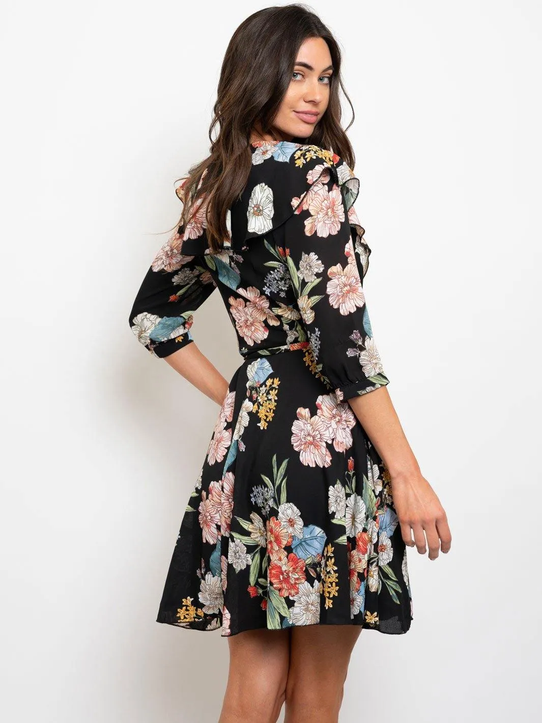 WOMEN'S 3/4" SLEEVES FLORAL WRAP MINI DRESS