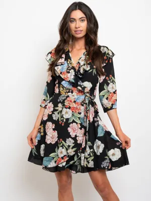 WOMEN'S 3/4" SLEEVES FLORAL WRAP MINI DRESS