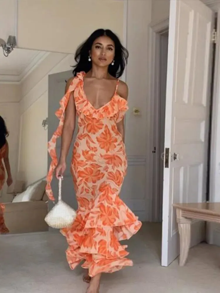 Women's Floral Print Smocked Ruffle Midi Dress Vintage Sleeveless Spaghetti Strap Tiered Slim Fit Prom Evening Dress