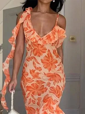 Women's Floral Print Smocked Ruffle Midi Dress Vintage Sleeveless Spaghetti Strap Tiered Slim Fit Prom Evening Dress