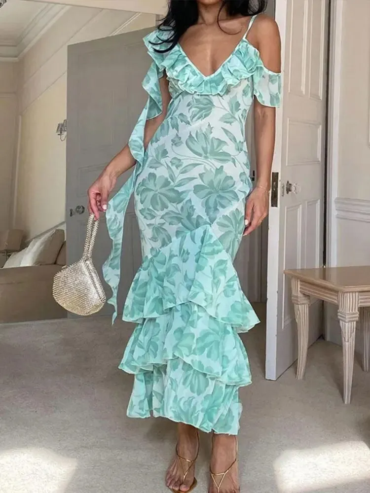 Women's Floral Print Smocked Ruffle Midi Dress Vintage Sleeveless Spaghetti Strap Tiered Slim Fit Prom Evening Dress