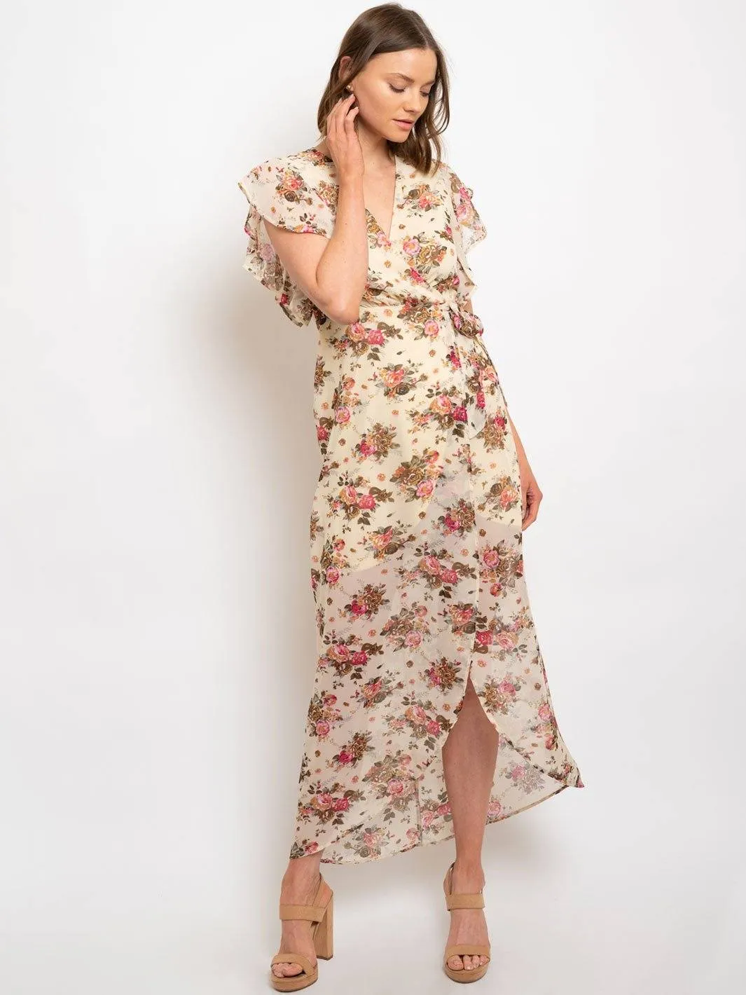WOMENS FLORAL WRAP MAXI DRESS