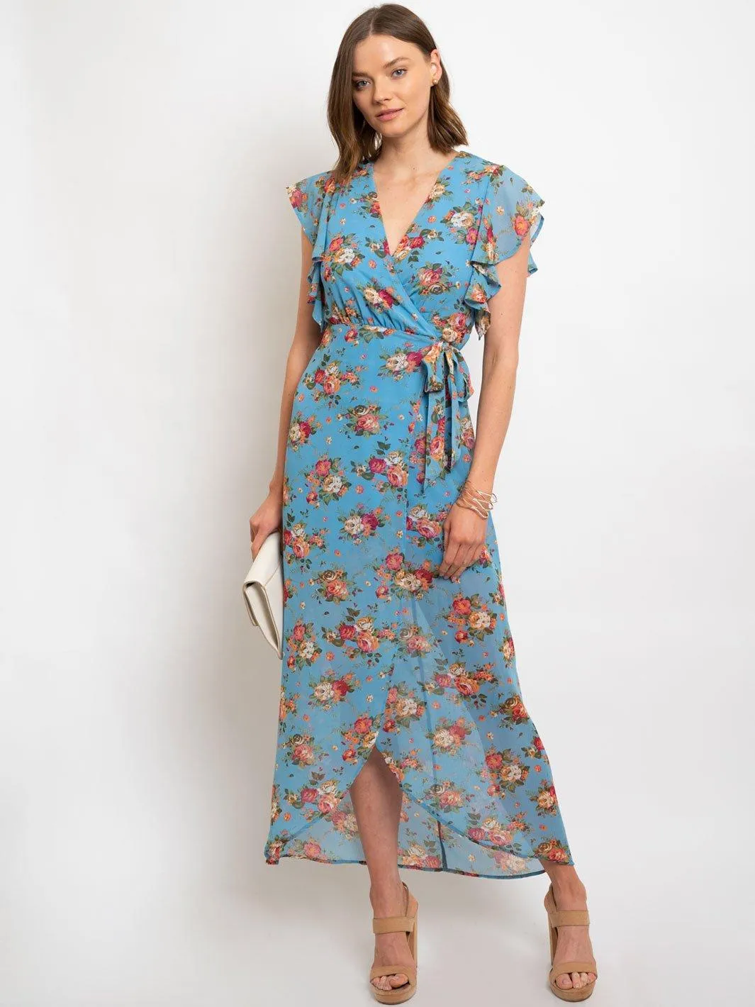 WOMENS FLORAL WRAP MAXI DRESS