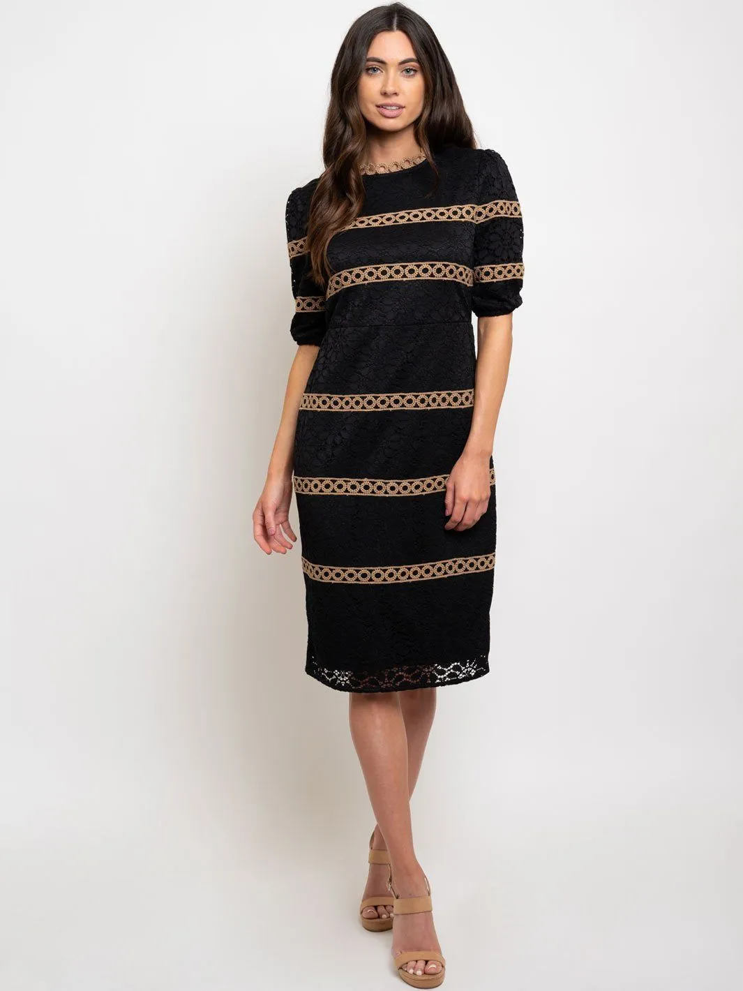 WOMEN'S LACE CONTRAST TRIM DETAIL MIDI DRESS