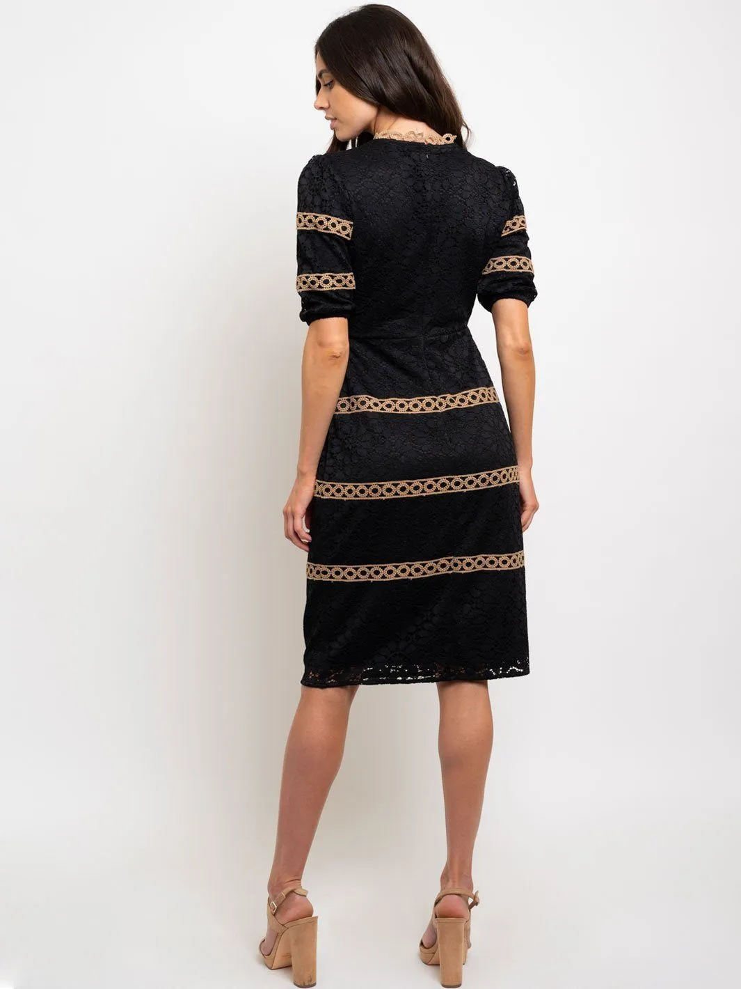 WOMEN'S LACE CONTRAST TRIM DETAIL MIDI DRESS