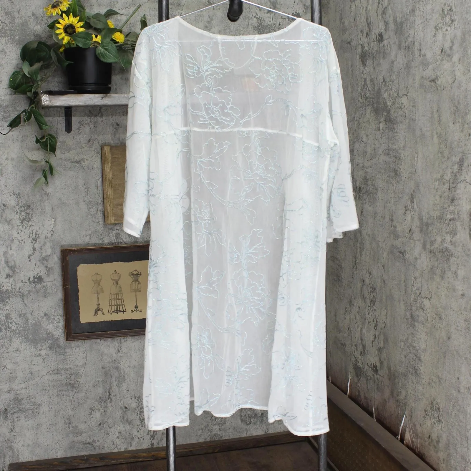 Womens Lightweight Short Sleeve Sheer Cardigan White / Blue See Measurements
