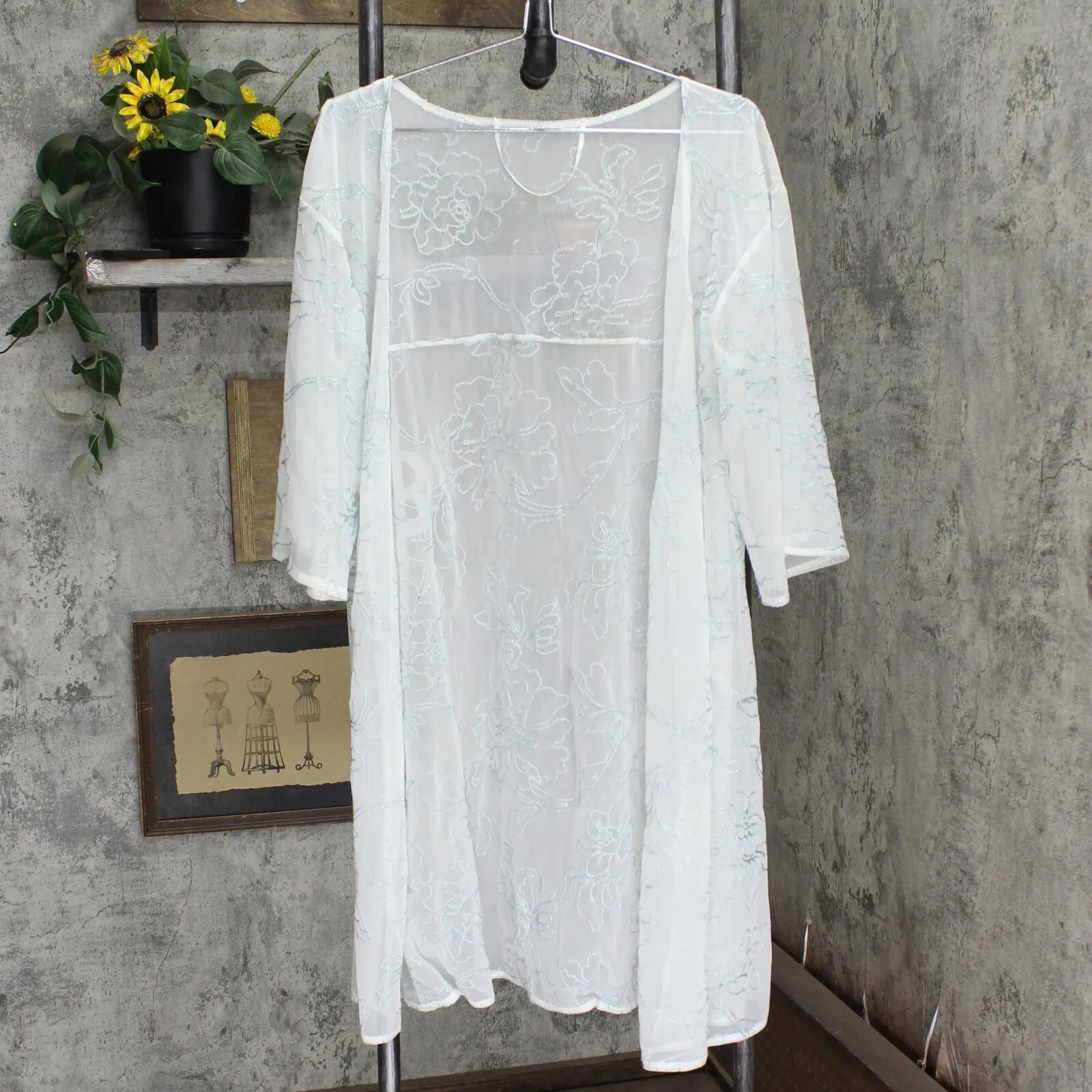 Womens Lightweight Short Sleeve Sheer Cardigan White / Blue See Measurements