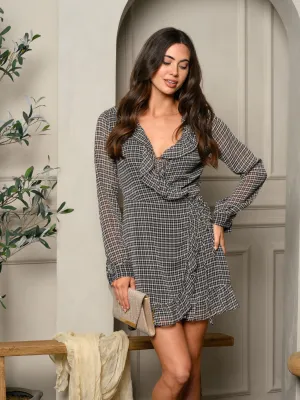 WOMEN'S LONG SLEEVE RUFFFLE PLAID WRAP MINI DRESS