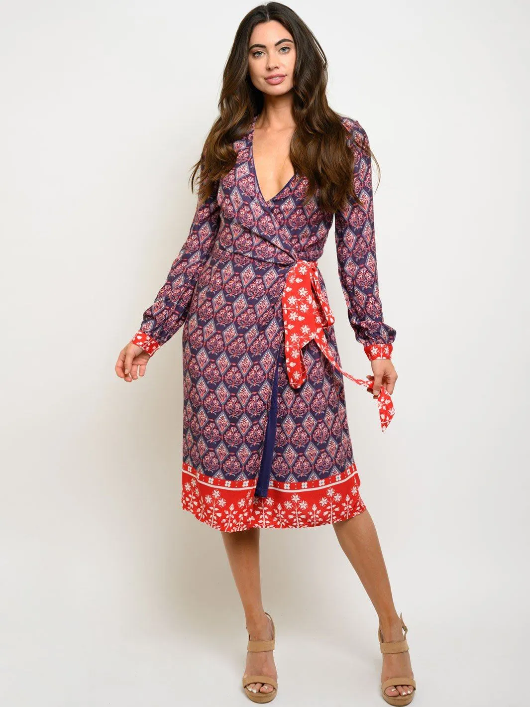 WOMEN'S LONG SLEEVE SELF TIE WRAP MIDI DRESS