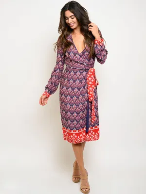 WOMEN'S LONG SLEEVE SELF TIE WRAP MIDI DRESS