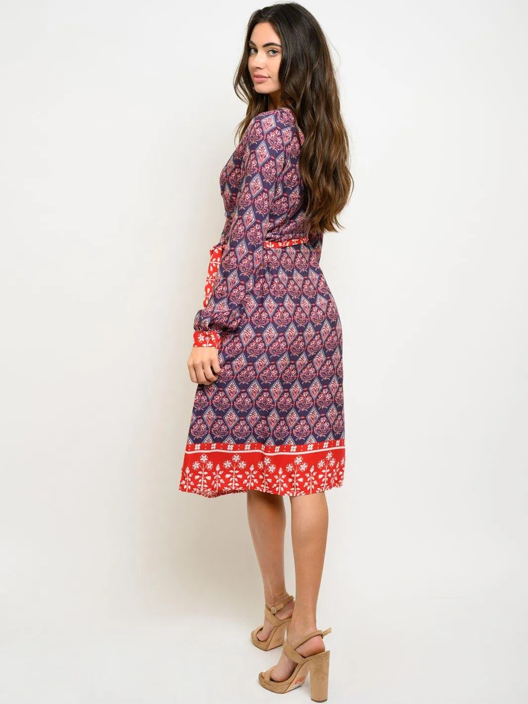 WOMEN'S LONG SLEEVE SELF TIE WRAP MIDI DRESS