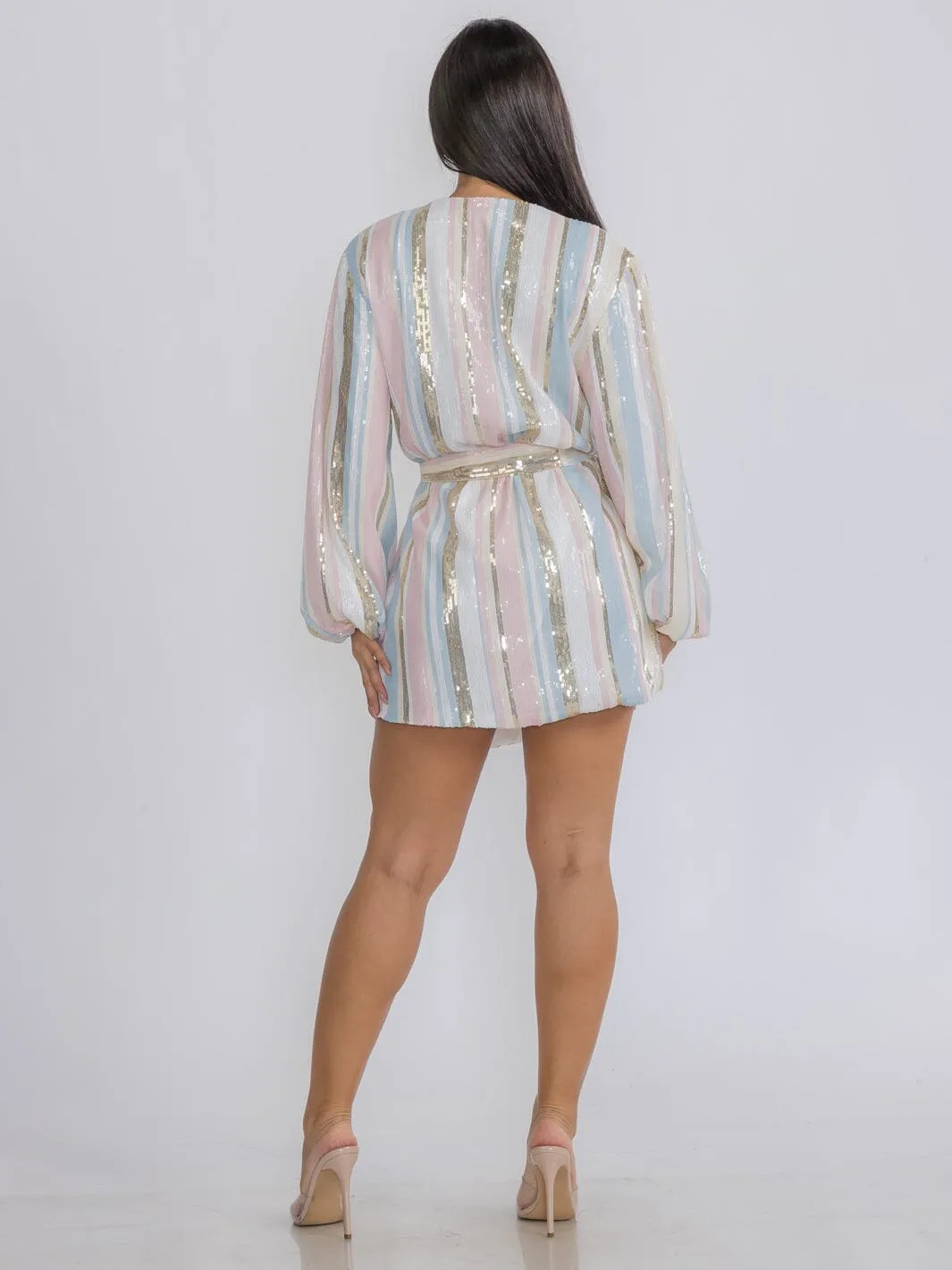 WOMEN'S LONG SLEEVE SEQUINS COLORBLOCK WRAP MINI DRESS