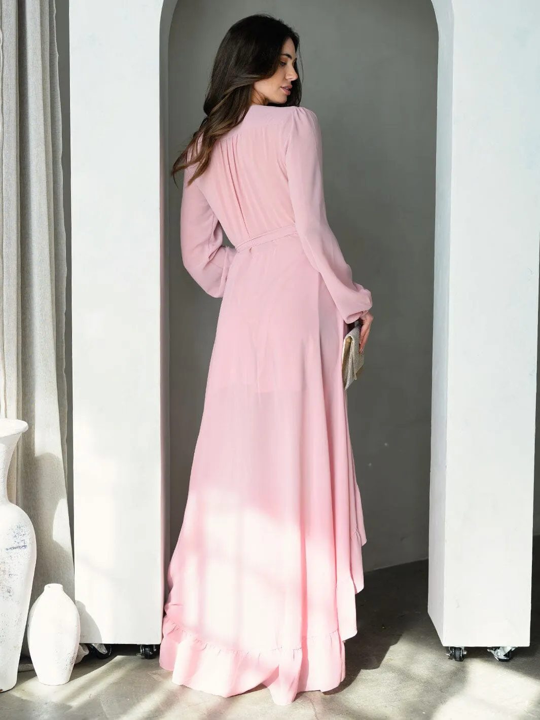 WOMEN'S LONG SLEEVE WRAP RUFFLE MAXI DRESS