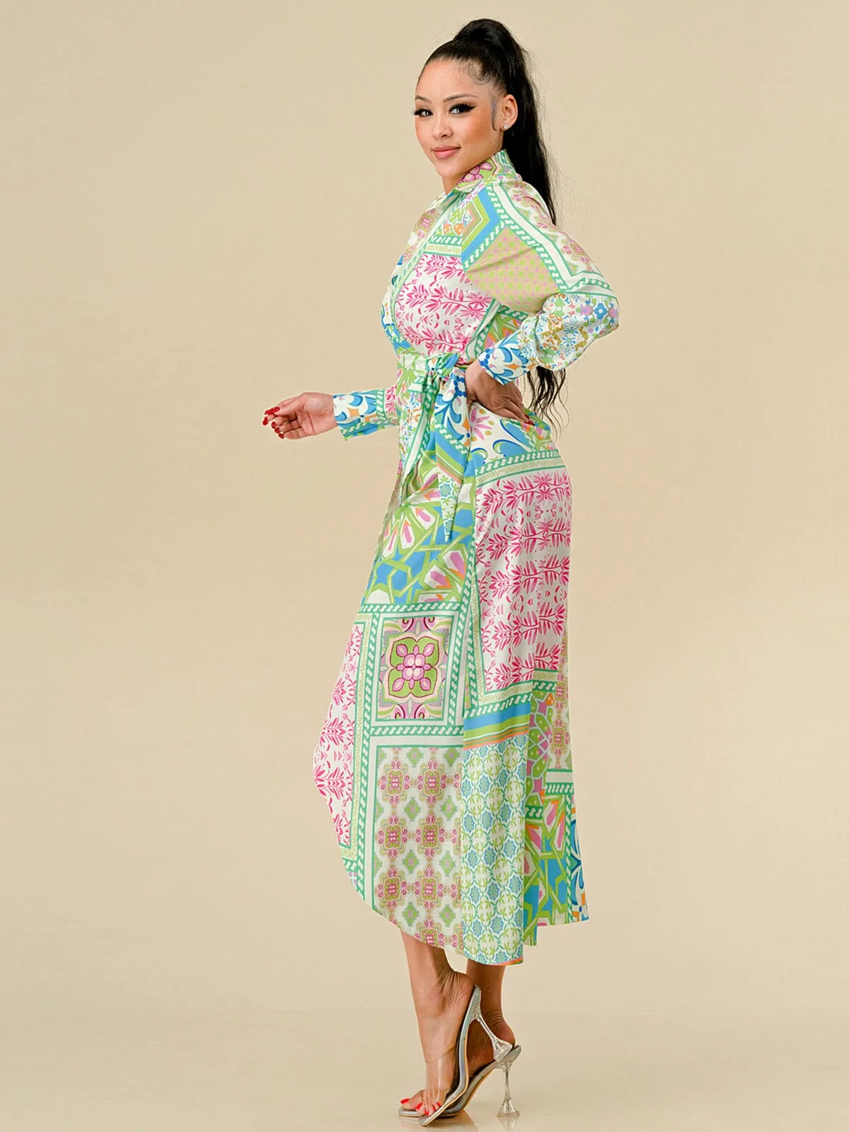 WOMEN'S LONG SLEEVES HIGH-LOW MULTI PRINT WRAP MAXI DRESS