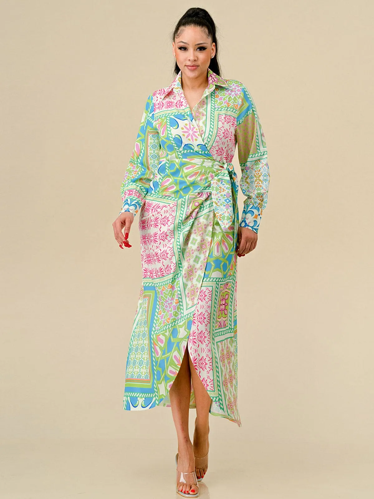 WOMEN'S LONG SLEEVES HIGH-LOW MULTI PRINT WRAP MAXI DRESS