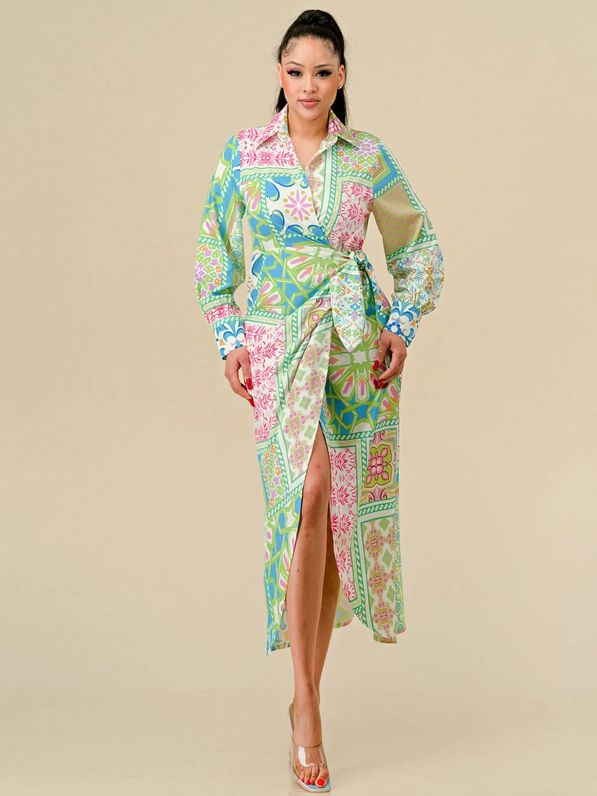 WOMEN'S LONG SLEEVES HIGH-LOW MULTI PRINT WRAP MAXI DRESS
