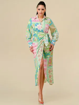 WOMEN'S LONG SLEEVES HIGH-LOW MULTI PRINT WRAP MAXI DRESS