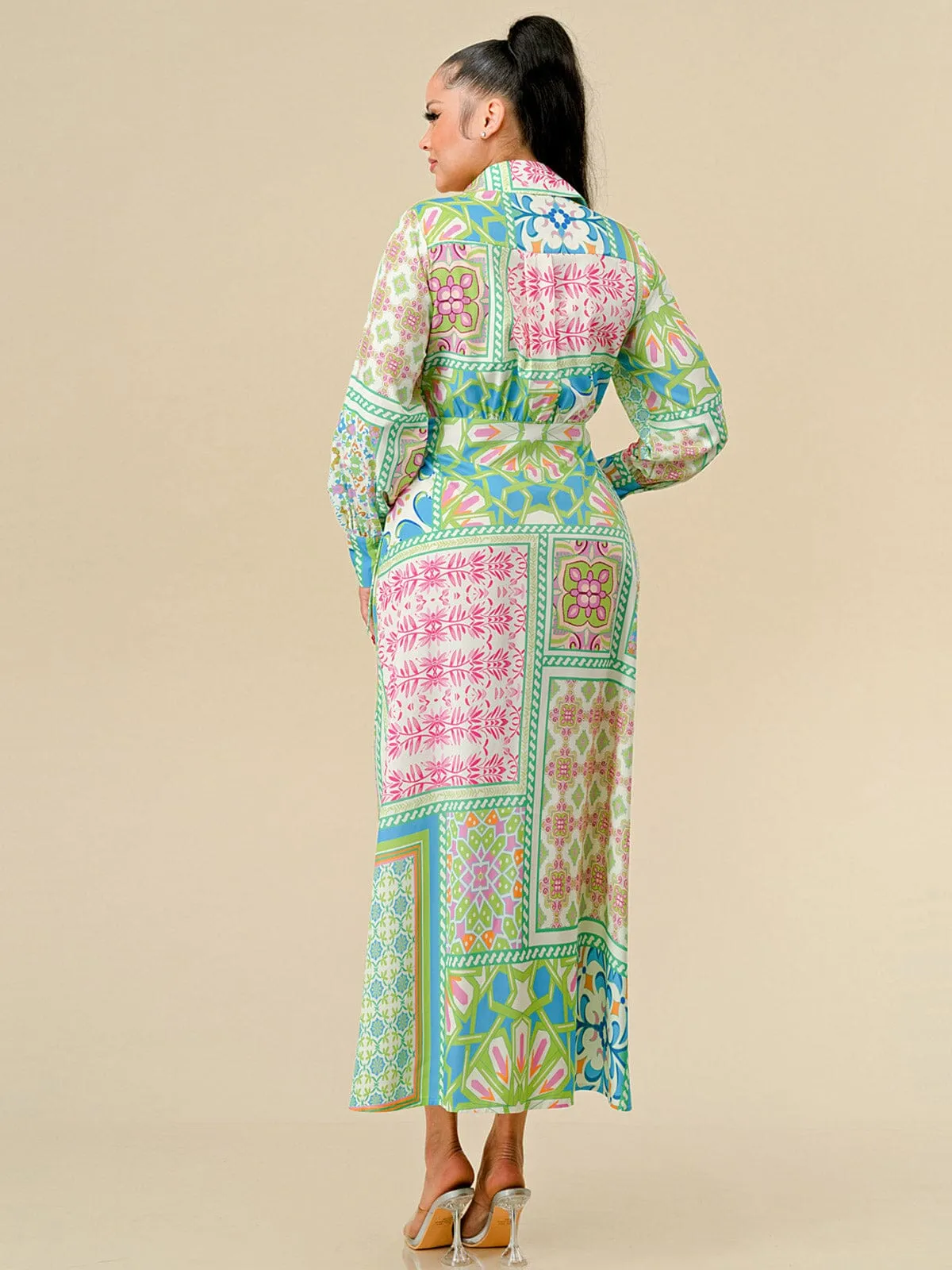 WOMEN'S LONG SLEEVES HIGH-LOW MULTI PRINT WRAP MAXI DRESS
