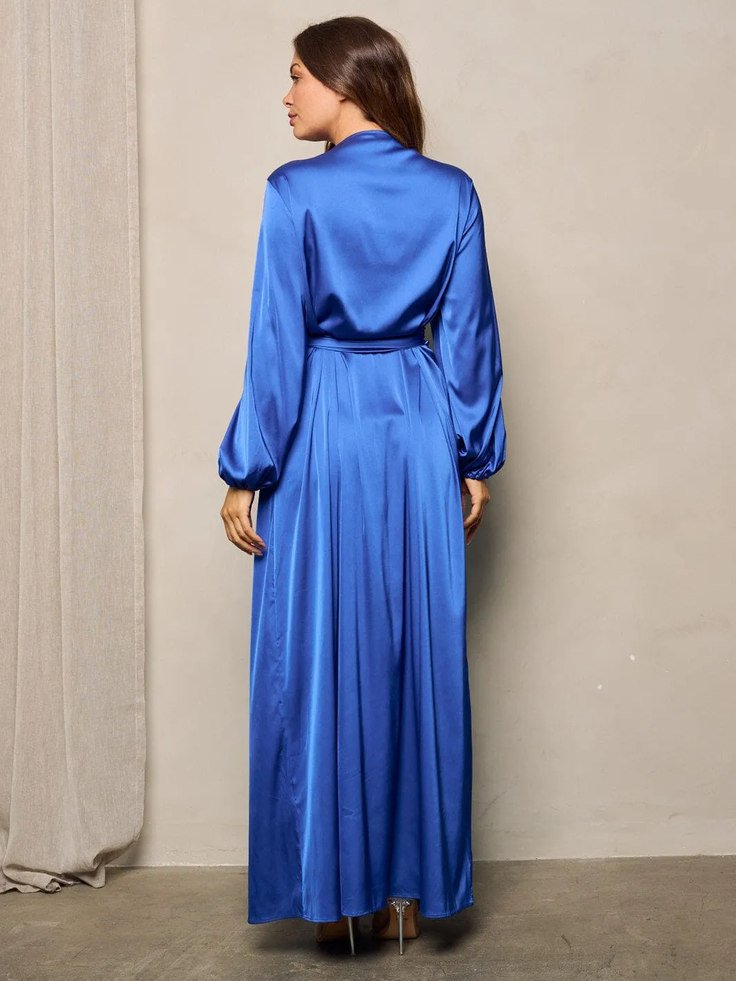 WOMEN'S LONG SLEEVES SELF TIE WRAP MAXI DRESS